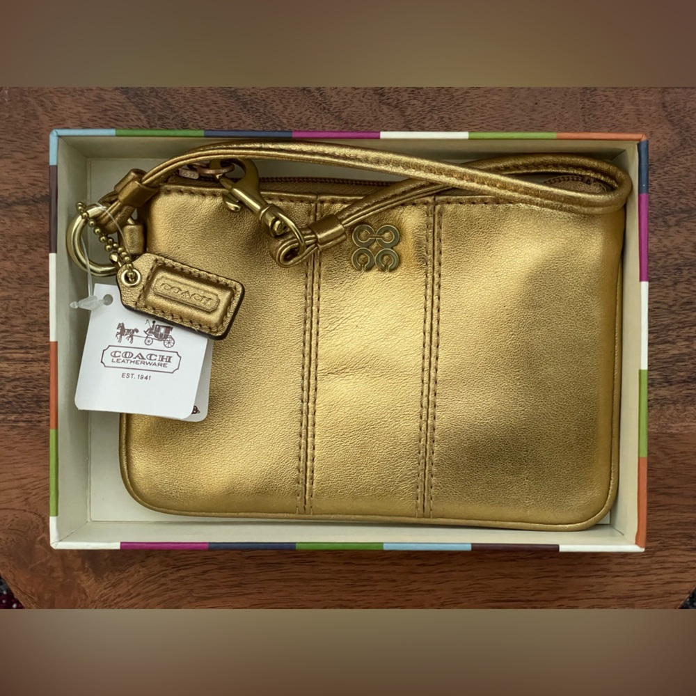 COACH Julia Metallic Gold Leather Wristlet in Legacy Box 46810B